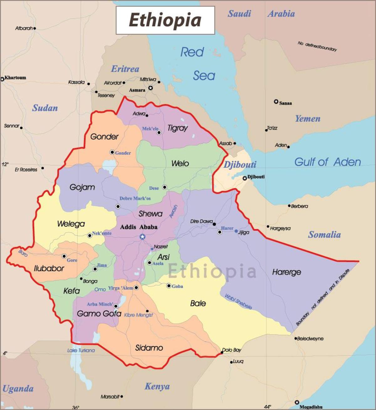 इथियोपिया के नक्शे के साथ शहरों
