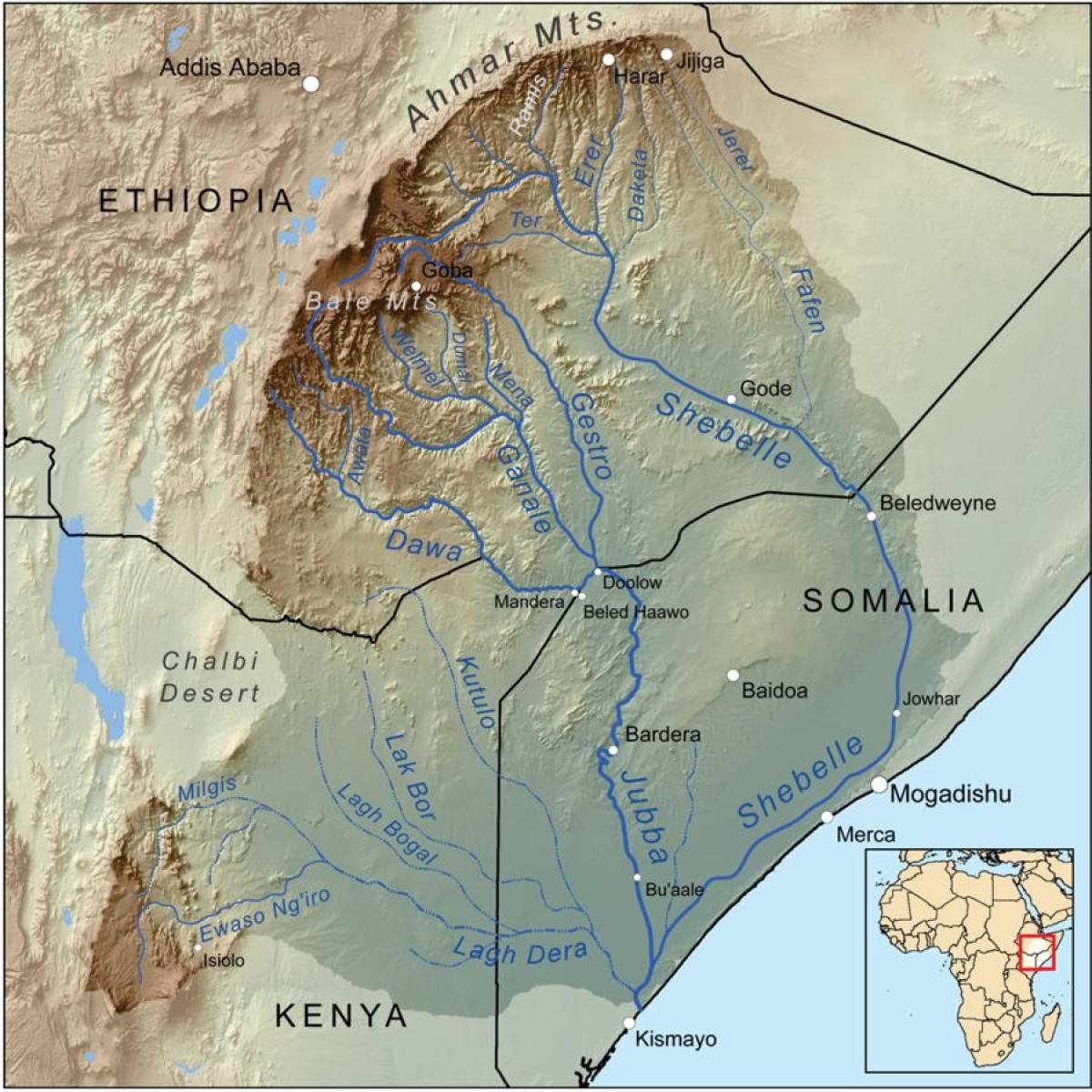 इथियोपिया के नदी बेसिनों का नक्शा
